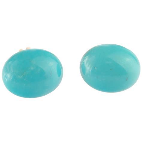 Natural Turquoise Round Cabochon 14 Karat Gold Stud Chic Cocktail