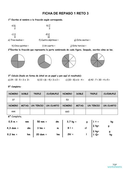 Repaso De Fracciones Y Medidas Ficha Interactiva Topworksheets