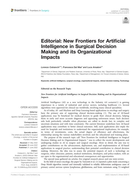 Pdf Editorial New Frontiers For Artificial Intelligence In Surgical