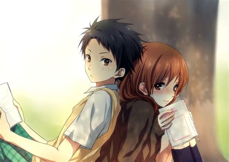 Anime Couple School Girl Guy Uniform Tree Love Wallpaper