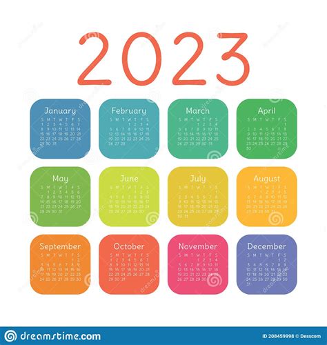 Calendar 2023 Year English Colorful Vector Square Pocket Or Wall