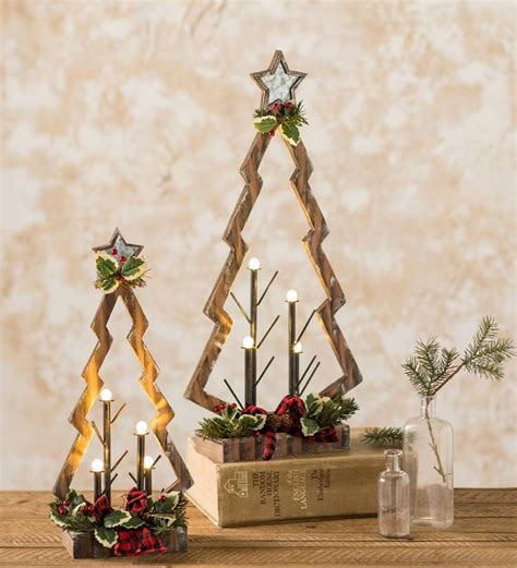 Tabletop Lighted Wooden Christmas Trees Set Of 2 Holiday Lighting