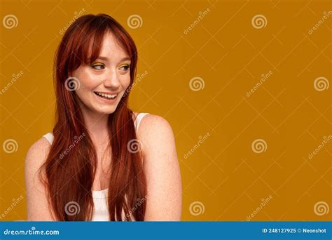 Authentic Cheerful Ginger Girl With Beautiful Smile Natural Freckles Long Hair And Fringe