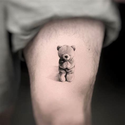 Micro Realistic Teddy Bear Tattoo On The Thigh