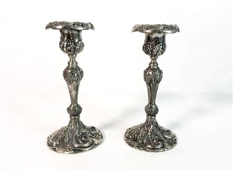 Pair Antique Superior Silver Co 2 Candlestick Holders Ornate Grape