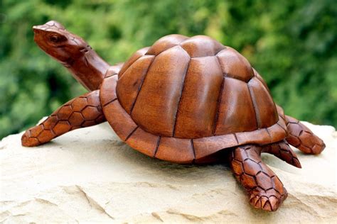 Large Wooden Tortoise Turtle Statue Hand Carved Sculpture Wood Decor