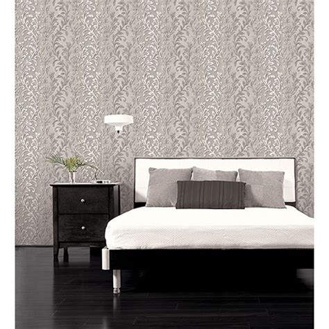 Norwall Wallcoverings Silver Leaf Damask Black And Grey Wallpaper