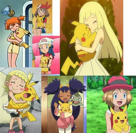Ashs Pikachu Being Heldhugged By His Various Female Companions