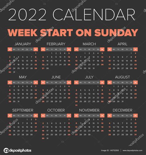 Calendario Simple De 2022 Años — Vector De Stock © 123sasha 145752505