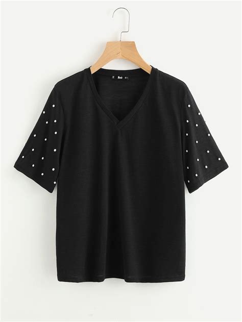 Pearl Beaded Sleeve T Shirt Tops Fashion Clothes