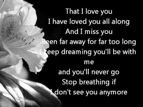 That i love you i have loved you all along and i miss you been far away for far too long i keep dreaming you'll be with me and you'll never go stop breathing if i don't see you anymore že tě miluji. nickelback far away lyrics - YouTube
