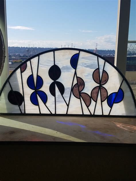 Irises Half Round Stained Glass Window With Rondels In Wood Frame