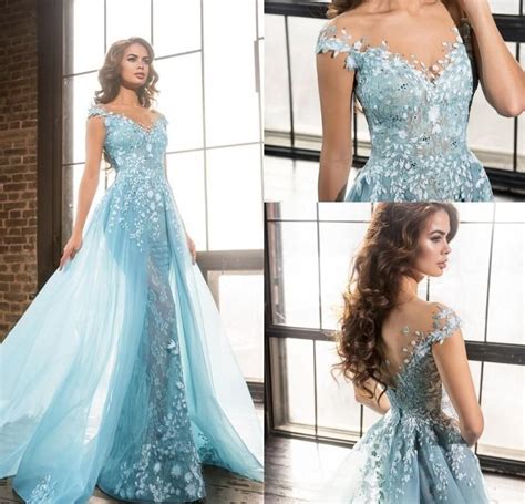 delicate ice blue mermaid prom dresses with detachable train 2017 v neck vintage lace with beads