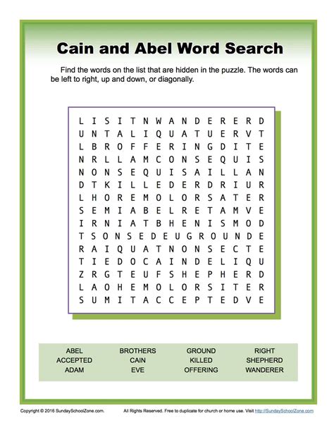 cain  abel word search childrens bible activities