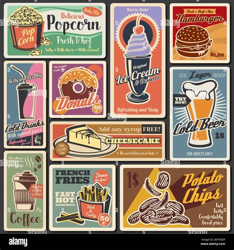 Fast Food Vintage Retro Menu Posters Vector Fastfood Restaurant