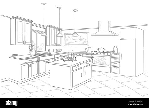Interior Sketch Of Kitchen Room Outline Blueprint Design Of Kitchen