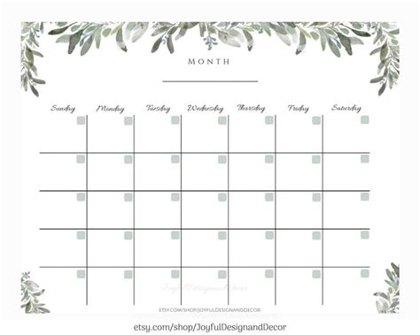 Blank Monthly Calendar Botanical Calendar Desk Calendar Etsy Monthly