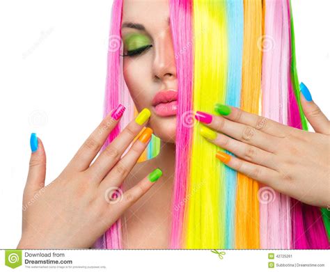 Girl With Colorful Hair And Nail Polish Stock Image Image Of Hands
