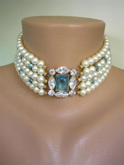 Aquamarine Jewelry Aquamarine Necklace Pearl Choker Vintage Pearls Art Deco Great Gatsby
