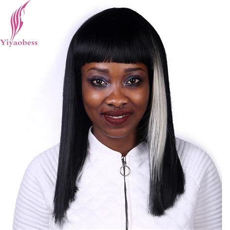 Yiyaobess 45cm Long Straight Wig With Bangs Heat Resistant Synthetic White Highlights On Black