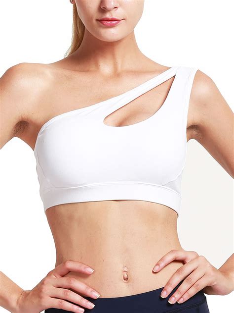 Dodoing Single Shoulder Sport Bras For Women Asymmetrical Shoulder Wirefree Padded Sports Bras