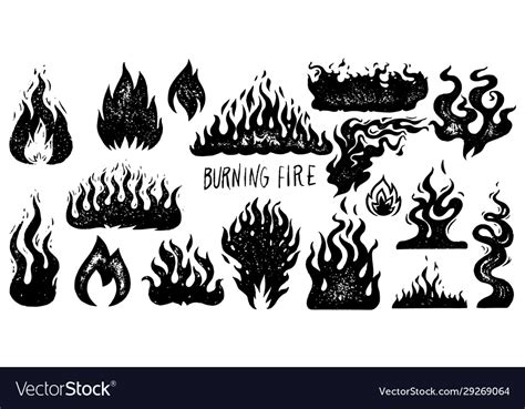 Set Flame And Fire In Vintage Style Hand Drawn Vector Image
