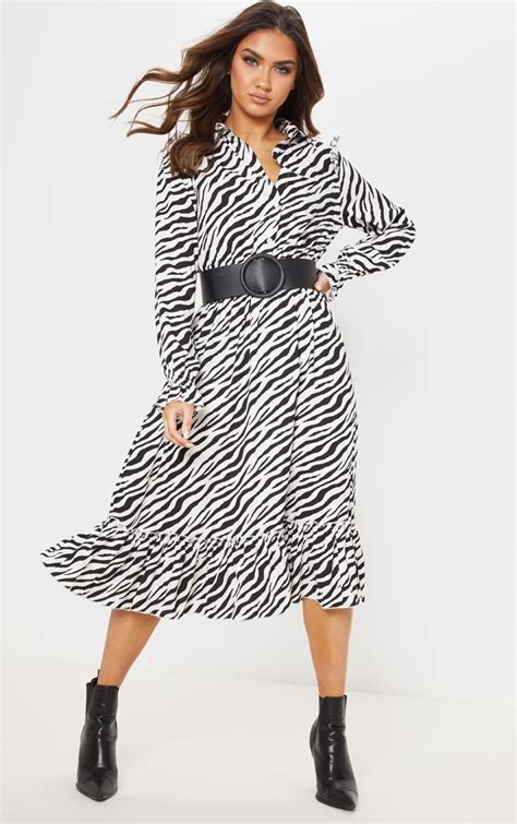 Black Zebra Print Midi Shirt Dress Dresses Prettylittlething Aus