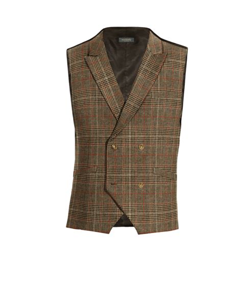 Braune Prince Of Wales Karo Tweed Doppelreiher Weste Mit Spitz Revers