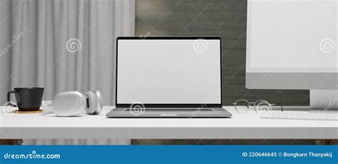 Laptop With Mock Up Screen On Computer Desk With Accessories And