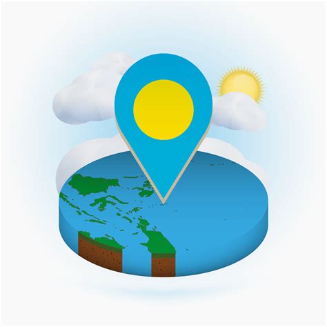 Isometric Round Map Of Palau And Point Marker With Flag Of Palau Cloud
