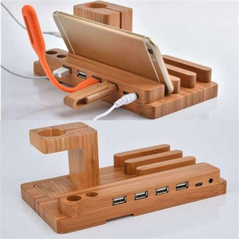 3 In 1 Desk Docking Station Bamboo Wood Charge Holder Gadget Organizer
