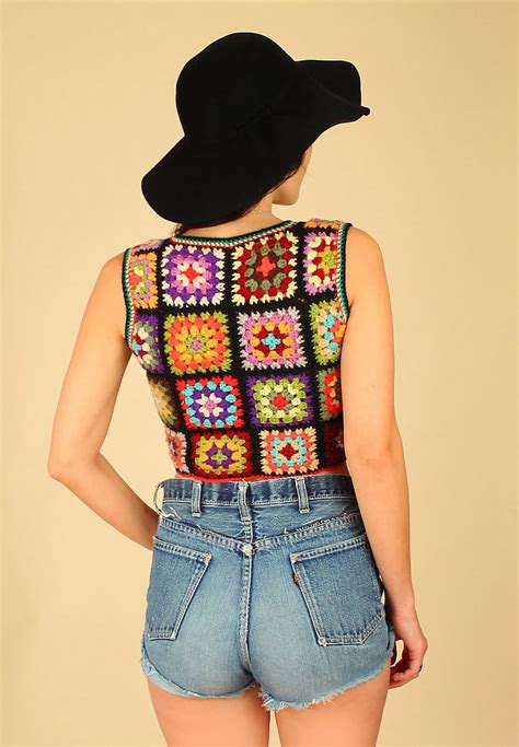 Vintage 70s Adolfo Crochet Crop Top Granny Squares Vest S Etsy