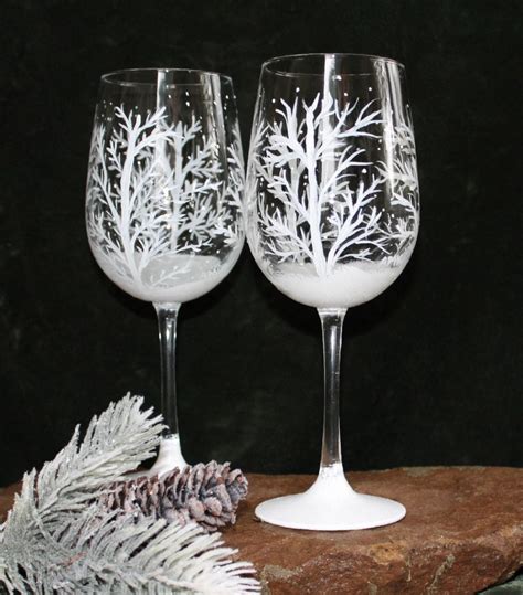 Hand Painted Wine Glasses Set Of 2 Winter Snow