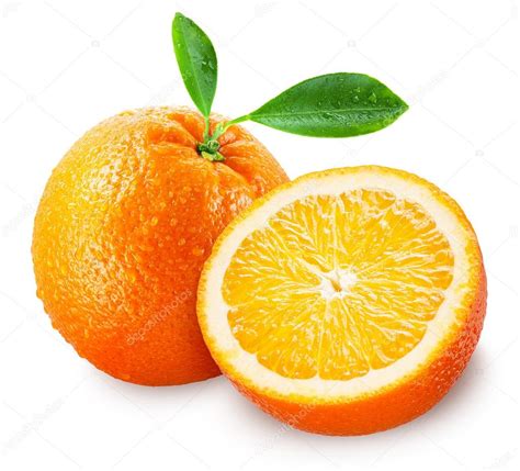 Sliced Orange Fruit With Leaves Isolated On White Background With