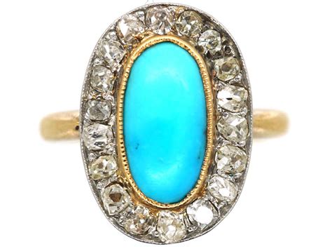 Edwardian 18ct Gold Turquoise Diamond Oval Cluster Ring 720M The