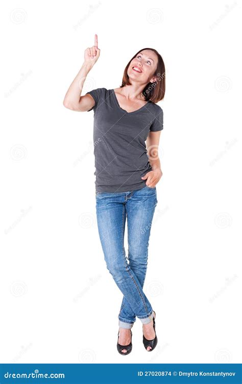 Smiley Woman Pointing And Looking Up Stock Photo Image Of Beauty