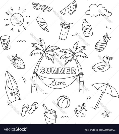 Summer Time Doodle Art With Beach Holiday Object Vector Image