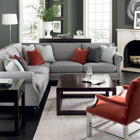 Bunk beds, fun wool dotted rug, and hanging bubble chair with red leather upholstery. Bernhardt living room in grey, red, and silver. Brae Sectional (With images) | Grey and red ...