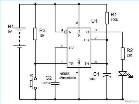 The breadboard schematic of the above circuit is shown below. 555 Timer Monostable Circuit Diagram