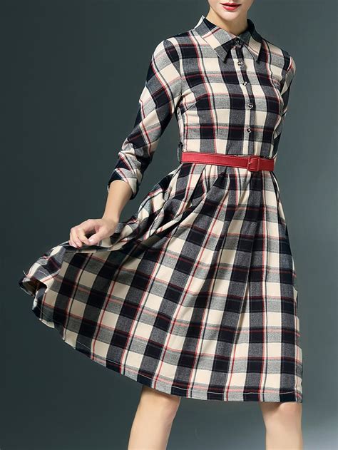 Black Lapel Belted Plaid A Line Dress Sheinsheinside