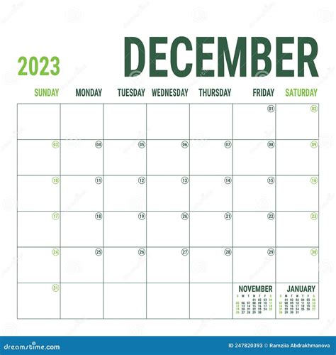 December Planner 2023 Year English Vector Square Calendar Template
