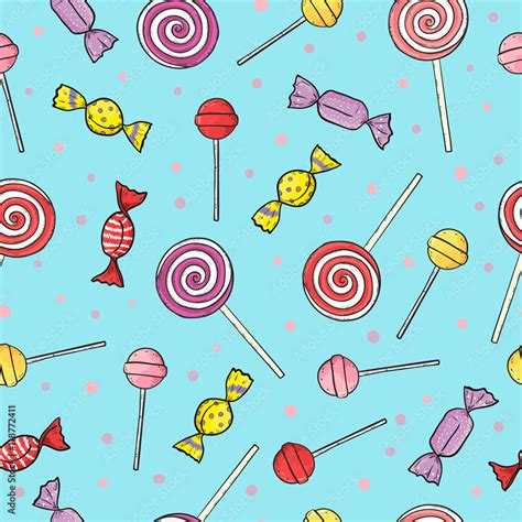 Colorful Lollipop And Candy Seamless Pattern Vector Sweets Background