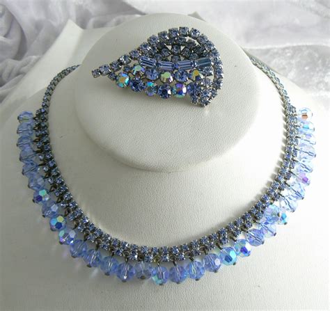 Beautiful Blue Rhinestone And Crystal Vintage Necklace Brooch Set