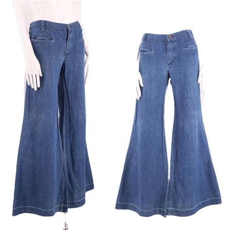 60s Low Rise Hip Huggers Denim Bell Bottoms Jeans 32 Vintage 1960