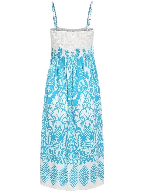blue white spaghetti strap floral pleated dress shein sheinside