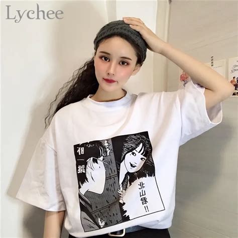 Lychee Japanese Anime Character Letter Print Female T Shirts Top Tees
