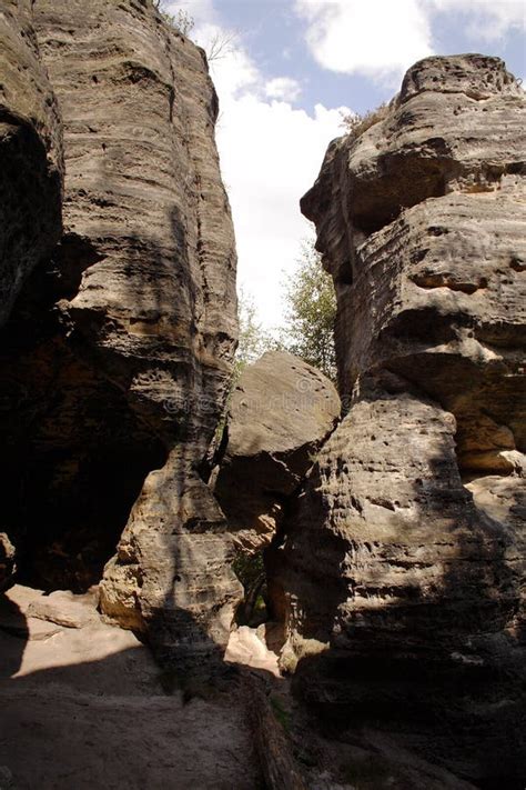 Rock Boulders Stuck Between Mountain Stock Image Image Of Grey