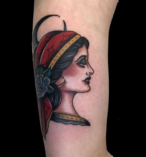 arm girl head traditional americana tattoo slave to the needle