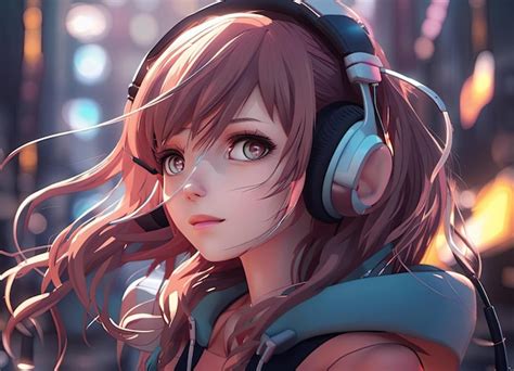 Premium Ai Image Anime Girl Listening To Music With Headphones
