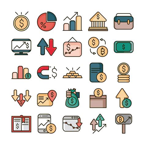 Stock Market Financial Business Economy Money Icons Set Line And Fill